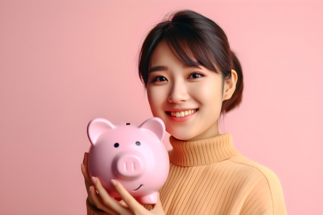 貯金箱を持った女性