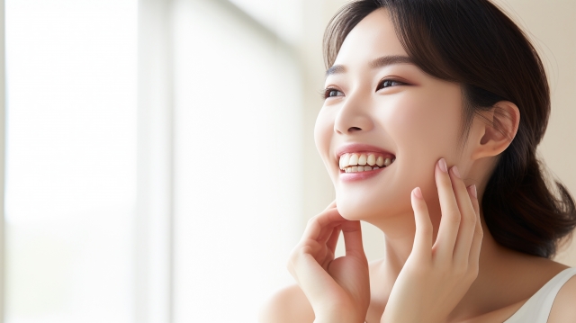 美容鍼の効果を実感して喜ぶ女性